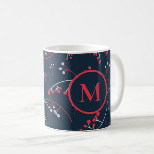 Mug Élégant monogramme rouge pastel gris motif de baie