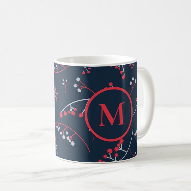 Mug Élégant monogramme rouge pastel gris motif de baie (Devant droit)