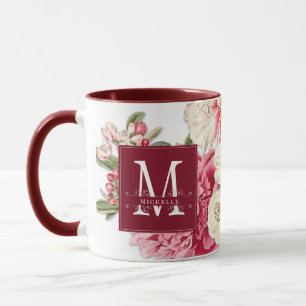 Mug Élégant Monogramme Rouge Tourne Vintage Floral Per