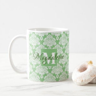 Mug Élégant Monogramme Sage Vert & Blanc Damas