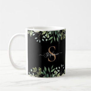 Mug Élégant monogramme script or botanique eucalyptus