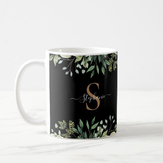 Mug Élégant monogramme script or botanique eucalyptus (Gauche)