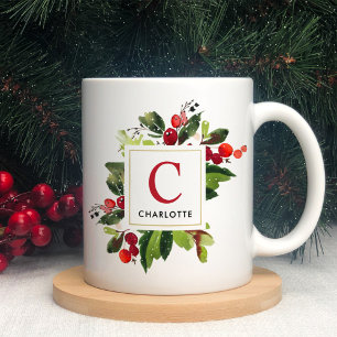Mug Élégant Monogramme vert de Noël rouge