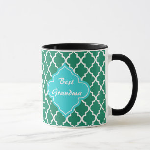 Mug Élégant monogramme vert et turquoise de quatrefoil