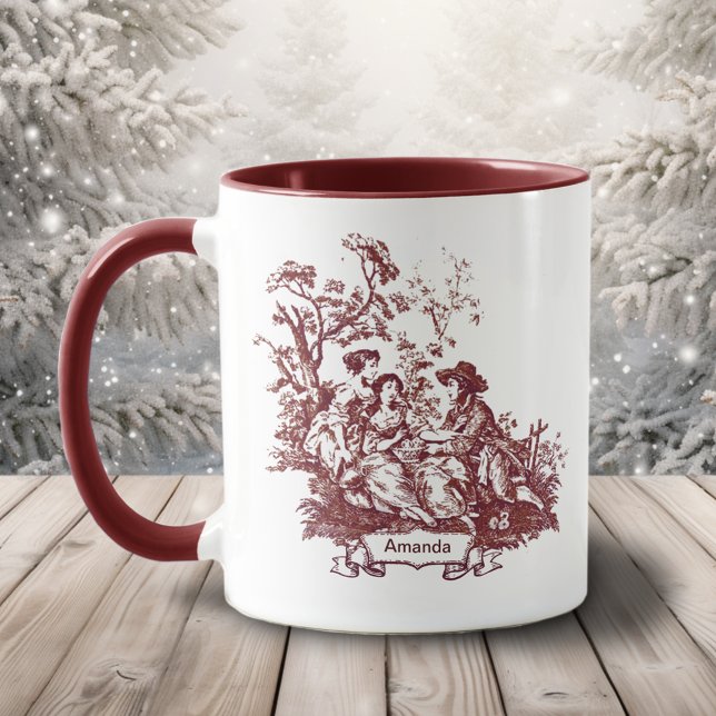 Mug Élégant monogramme vintage rouge toile de jouy (Créateur téléchargé)