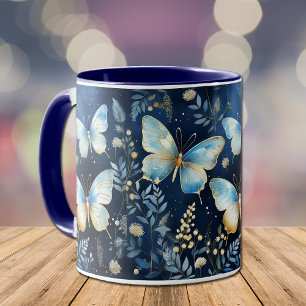 Mug Elégant Motif à papillon bleu or sur la marine