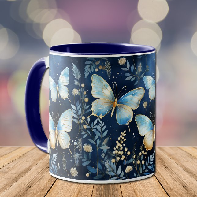 Mug Elégant Motif à papillon bleu or sur la marine (Créateur téléchargé)