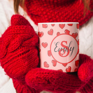 Mug Élégant motif de coeur rose et rouge monogrammé