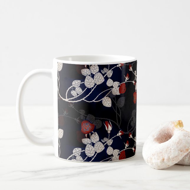 Mug Élégant Motif de Fleur Rouge Noir (Avec donut)