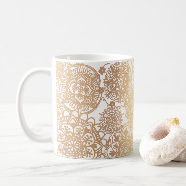 Mug Élégant Motif de Mandala blanc or (Avec donut)