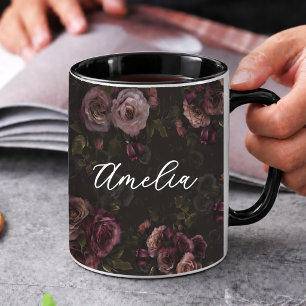 Mug Élégant motif floral bordeaux foncé rose