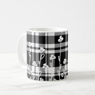 Mug Élégant motif floral noir blanc plaid