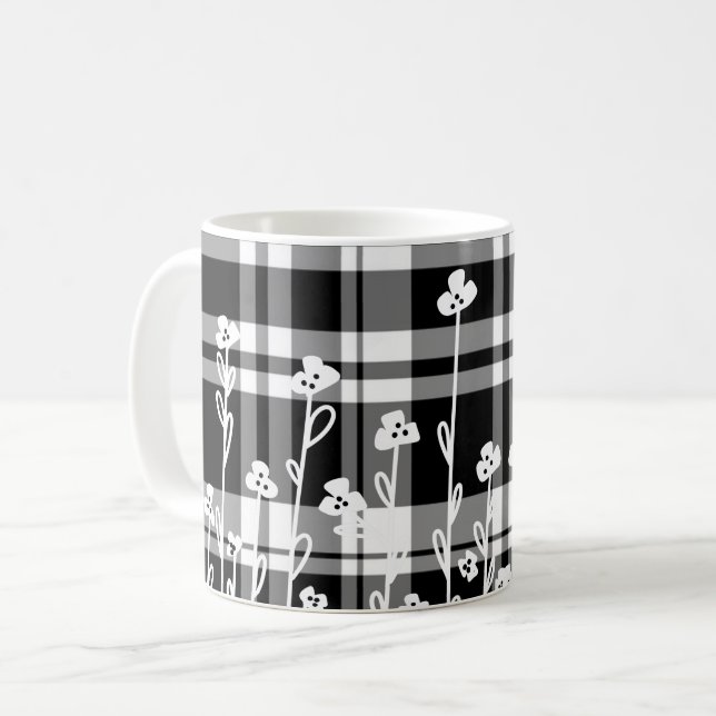 Mug Élégant motif floral noir blanc plaid (Devant gauche)