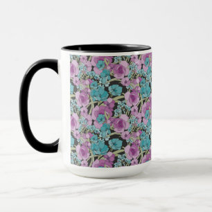 Mug Elégant motif floral rose pourpre fond noir