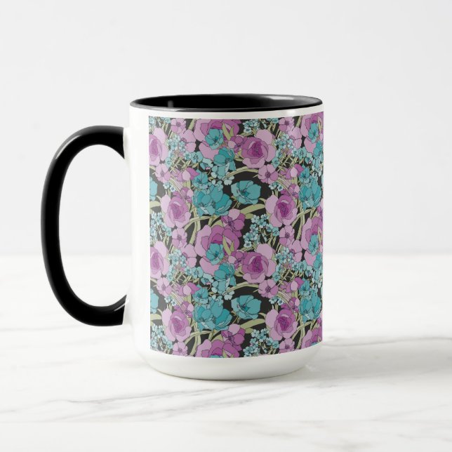 Mug Elégant motif floral rose pourpre fond noir (Gauche)