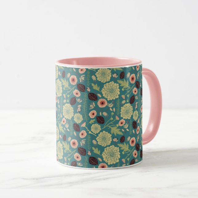 Mug Élégant motif floral rose vert (Devant droit)