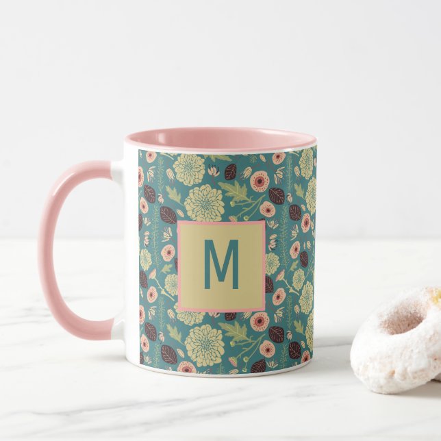 Mug Élégant Motif Floral Rose Vert Avec Initiale (Avec donut)