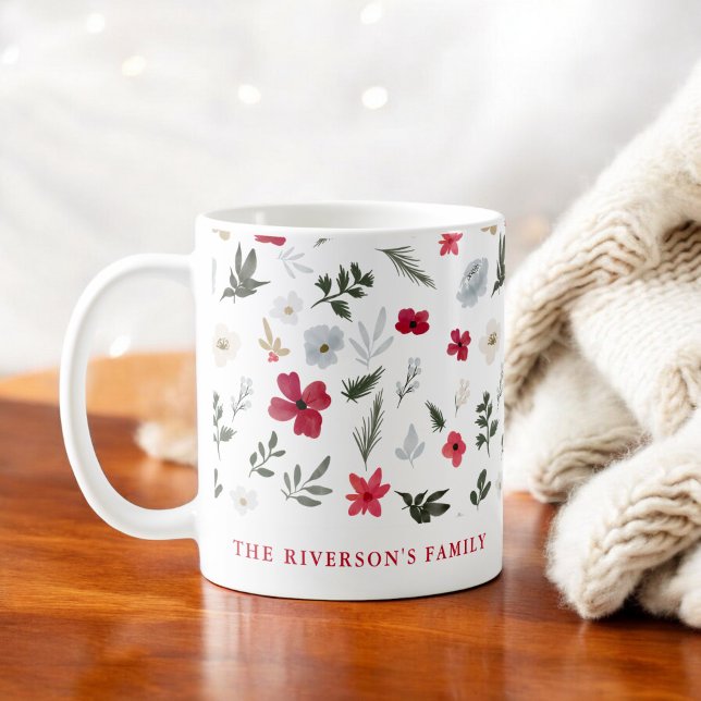 Mug Élégant motif floral rouge de Noël (Elegant Christmas Red Green floral pattern Coffee Mug)