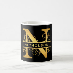 Mug Élégant "N" Monogramme Nom personnalisé Black Gold