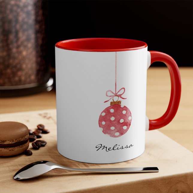 Mug Élégant Noël Fêtes Nom personnalisé (Personalized Ornament Illustration Script 11oz Red Accent Coffee Mug)