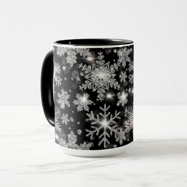 Mug Élégant Noël noir blanc argent flocons de neige (Devant gauche)