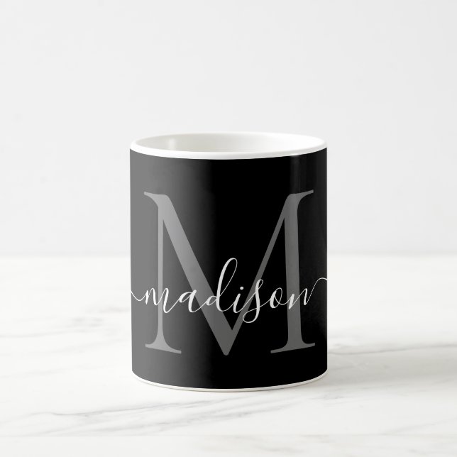 Mug Élégant noir blanc Monogramme Script élégant noir (Centre)