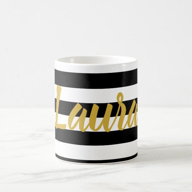 Mug Élégant Noir Blanc Or Nom de script avec bandes (Centre)