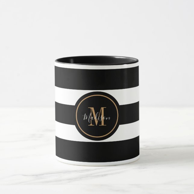 Mug Élégant noir et blanc rayures Script Monogramme (Centre)