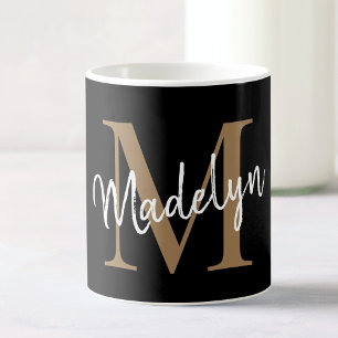 Mug Élégant Noir Monogramme Girly Script élégant