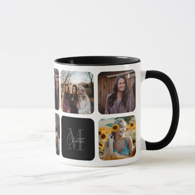 Mug Élégant noir Nom photo Collage Monogramme (Droite)