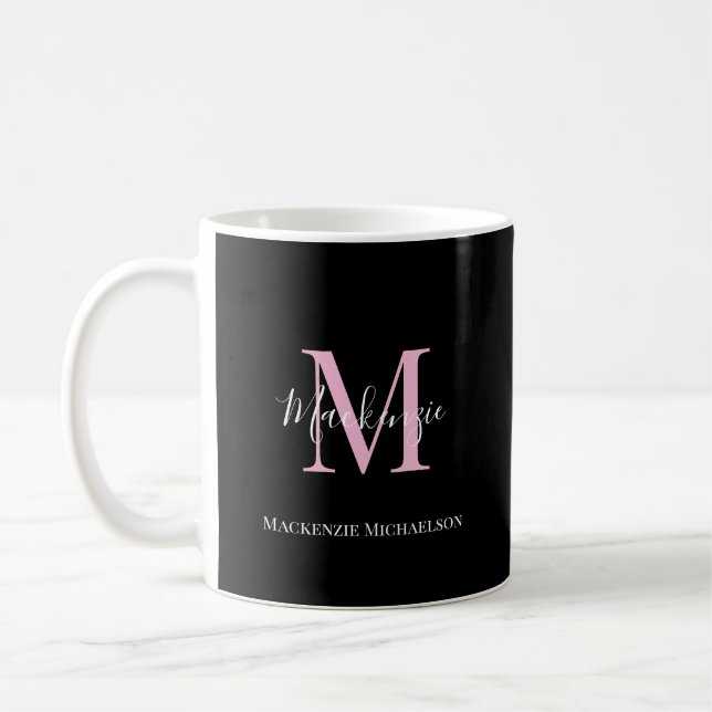 Mug Élégant Noir Rose Personnalisé Nom Monogramme (Gauche)