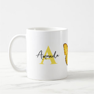 Mug Élégant nom jaune et noir monogramme Papillon