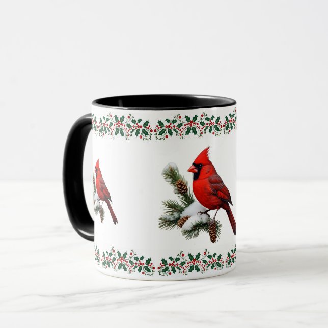 Mug Élégant oiseau rouge cardinal vacances Noël (Devant gauche)