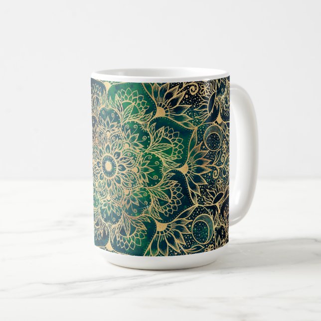Mug Elégant or Mandala Floral Vert bleu (Devant droit)