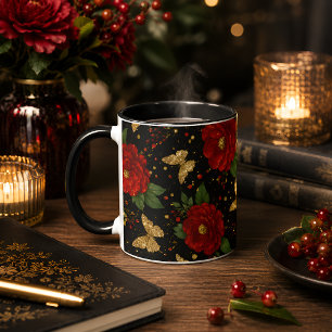 Mug Élégant Papillon Floral Rouge et Or