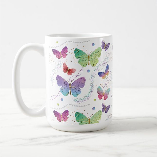 Mug Élégant Papillons violets et bleus brillants (Gauche)
