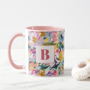 Mug Élégant Pastel rose Abstrait Floral Monogrammé