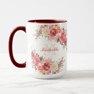 Mug Élégant Pastel Rose Peach Rose Monogramme floral