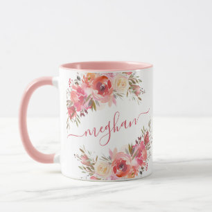 Mug Élégant Pastel rose Pêche Rose Floral Monogramm
