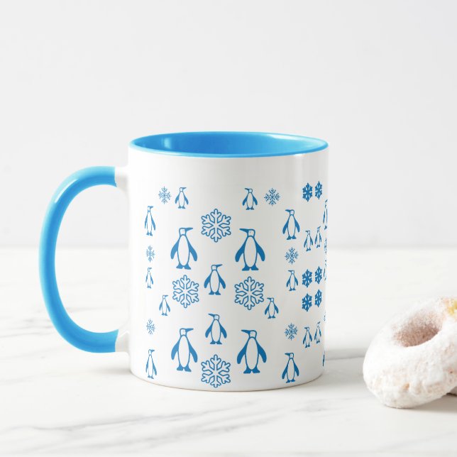 Mug Élégant Pingouins Bleus avec Motif de flocons de n (Avec donut)