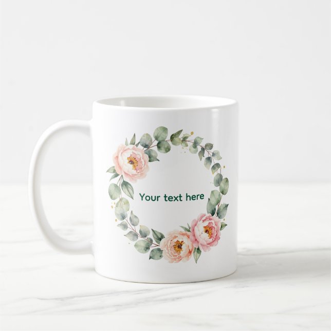Mug Elegant Pink Floral Watercolor Wreath Personalized (Gauche)
