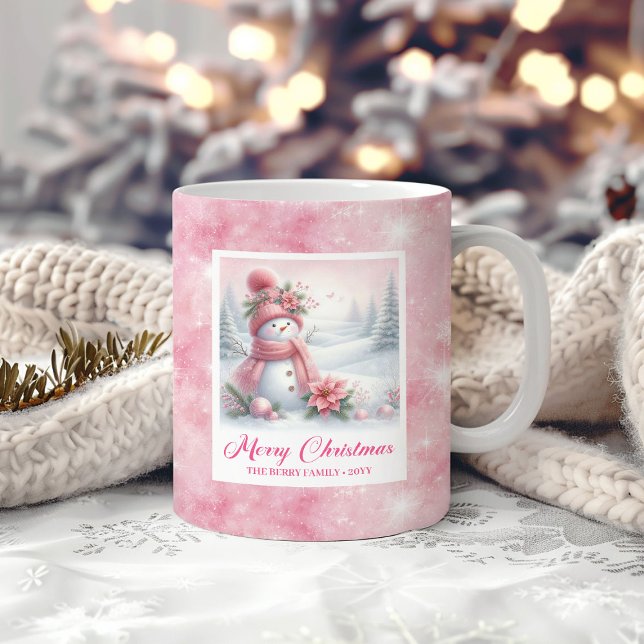 Mug Elegant Pink Snowman Cozy Winter Forest Scene Xmas (Elegant Pink Snowman Cozy Winter Forest Scene Xmas Coffee Mug)