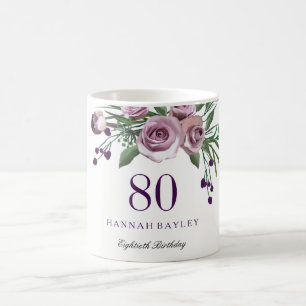 Mug Elégant Plum violet Rose Floral 80e anniversaire