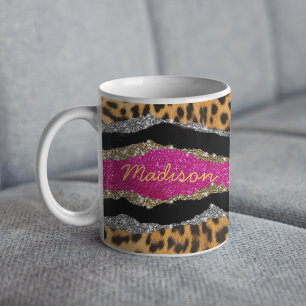 Mug Élégant poster de animal rose brillant monogramme