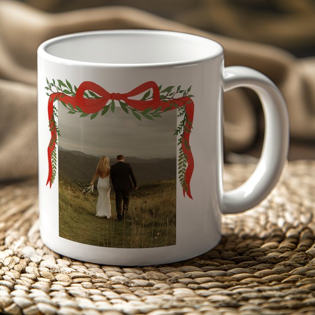 Mug Elegant Red Bow with Greenery Photo Christmas (Elegant hand-painted red bow with greenery photo Christmas holiday mug.)