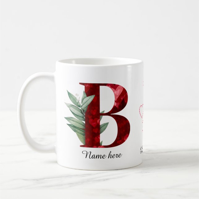 Mug Elegant Red Heart Floral Letter B Initial Coffee  (Gauche)