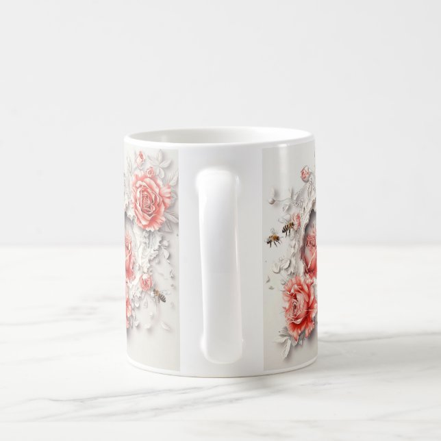 Mug Élégant Rose 3D, abeilles et beauté botanique (Poignée)