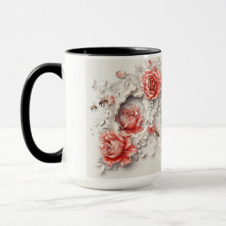 Mug Élégant Rose 3D, abeilles et beauté botanique