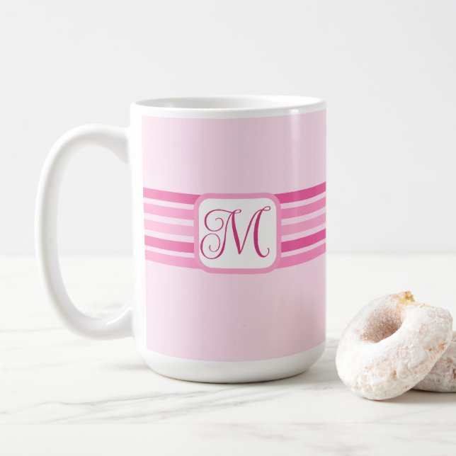 Mug Élégant rose clair rayé initial (Avec donut)