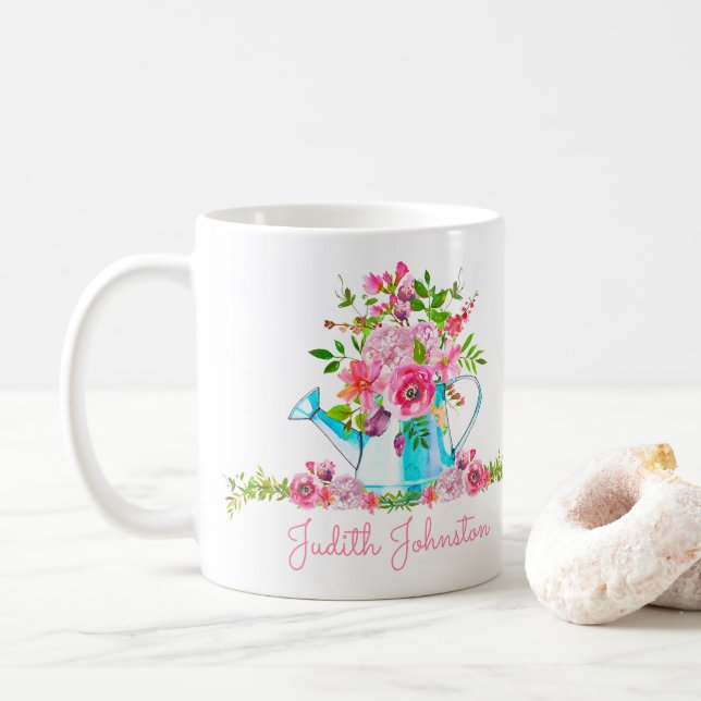 Mug Elégant rose Floral Aquarelle Nom personnalisé (Avec donut)